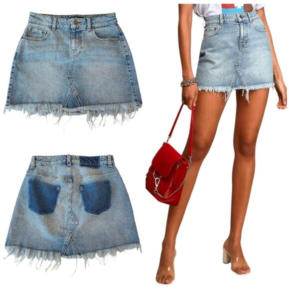 Lulus Light Wash Denim Raw Hem Mini Skirt Women's Size 25 - Picture 2 of 10